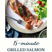Piece of grilled salmon with text title at the bottom