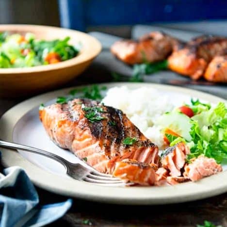 Square side shot of a grilled salmon recipe on a plate.