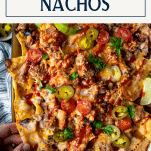 Overhead image of a pan of bbq pulled pork nachos with text title box at top