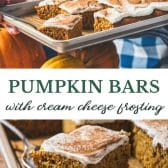 Long collage image of Pumpkin bars with cream cheese frosting.
