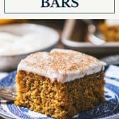 Pumpkin bars with cream cheese frosting and text title box at top.