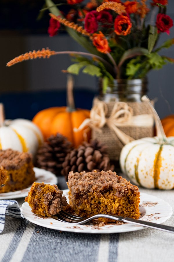 Side shot of a piece of pumpkin streusel coffee cake on a fall table