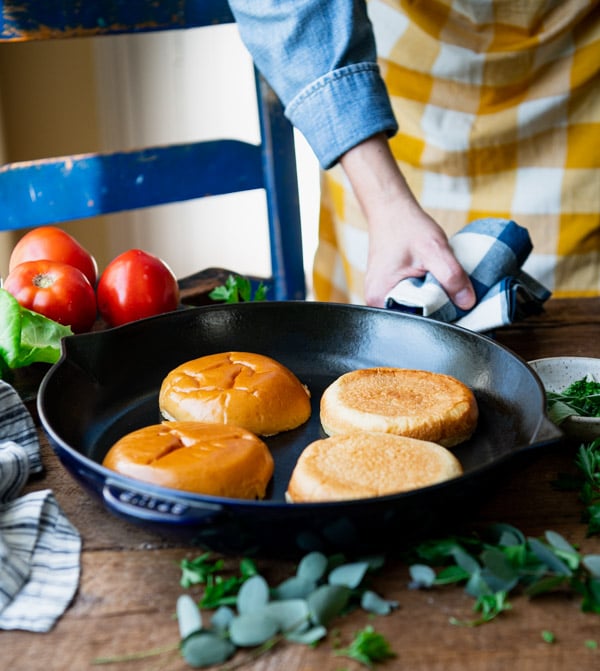 Toasting sandwich rolls in a cast iron skillet