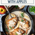 Skillet chicken in cream sauce with text title box at top