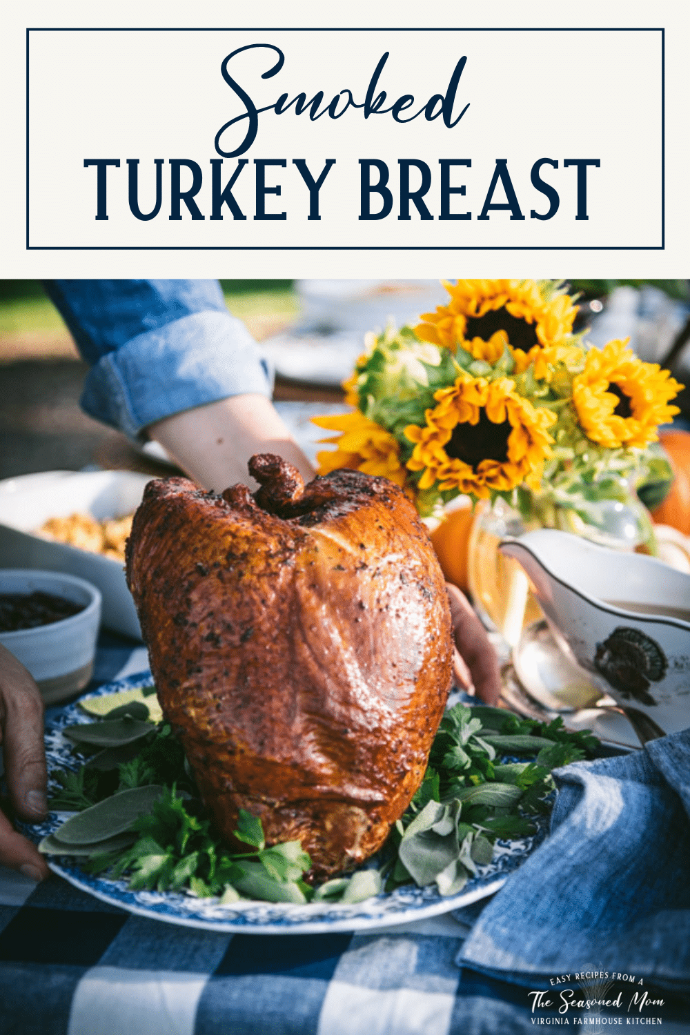 Serving smoked turkey breast on a holiday table with text title box at top