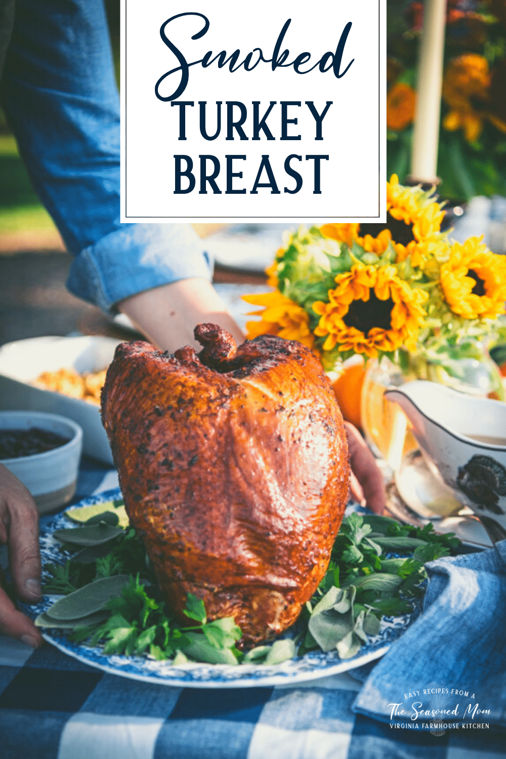 Serving a Thanksgiving dinner with smoked turkey and text title overlay