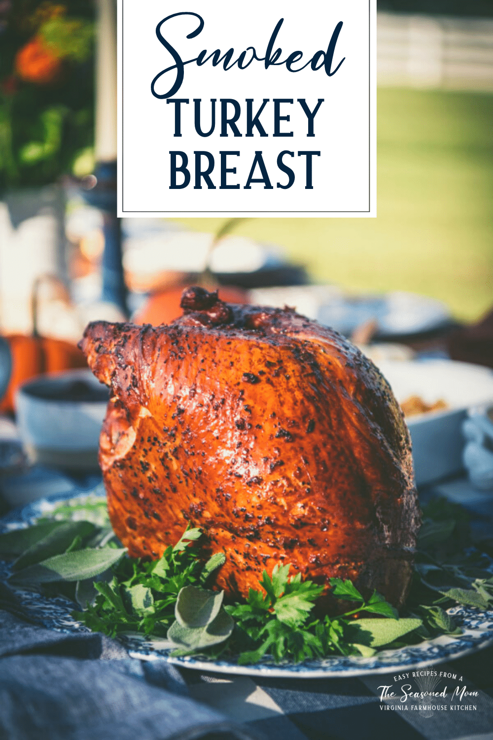 Side shot of smoked turkey breast no brine with text title overlay