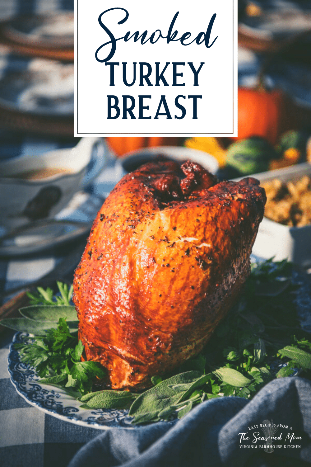 Close up side shot of smoked turkey breast with text title overlay