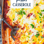 Close overhead shot of a pan of stuffed pepper casserole with text title overlay