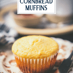 Close up shot of a cornbread muffin with text title overlay