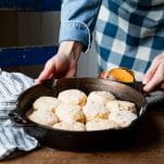 Skillet of sweet potato biscuits before baking
