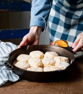 Skillet of sweet potato biscuits before baking