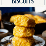 Stack of sweet potato biscuits with text title box at top