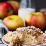 Close up side shot of a plate of sour cream apple coffee cake
