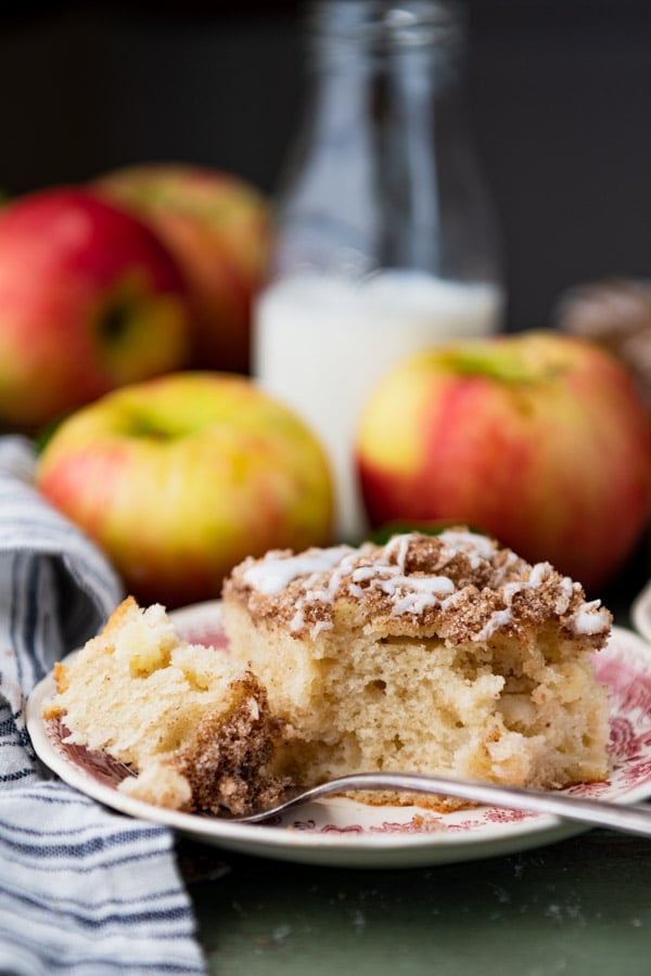Close up side shot of a plate of sour cream apple coffee cake