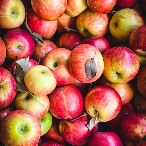 Close overhead shot of a bin of apples