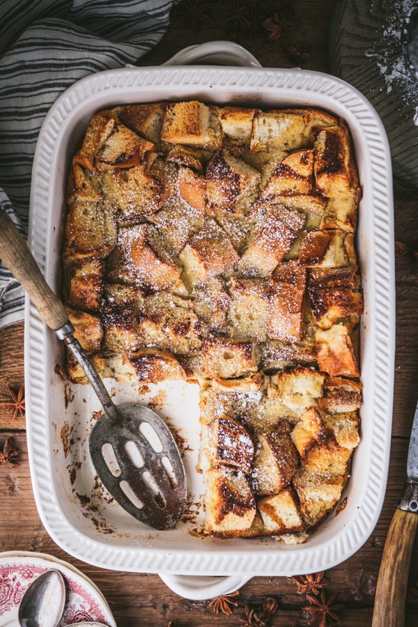 Overhead shot of a pan of old fashioned bread pudding