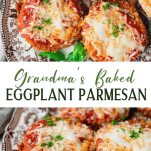 Long collage image of baked eggplant parmesan recipe