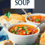 Side shot of bean soup in white bowls with text title overlay