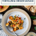 Bowl of the best cheese tortellini recipe with text title box at top