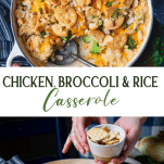 Long collage image of chicken broccoli and rice casserole