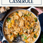 Hands holding cheesy chicken broccoli and rice casserole with text title box at top
