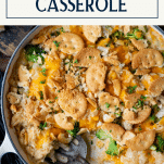 Close overhead shot of chicken broccoli and rice casserole with text title box at top