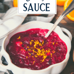 Bowl of cranberry orange sauce with text title overlay