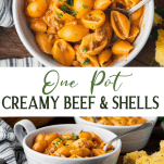 Long collage image of one pot creamy beef and shells