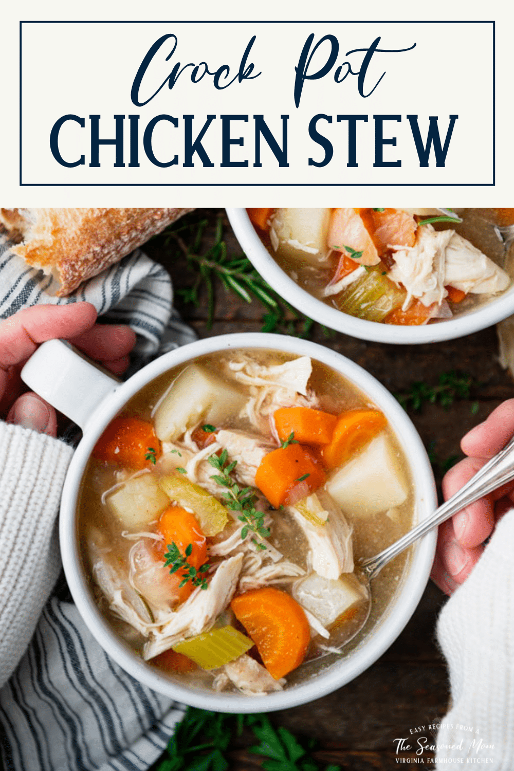 Overhead image of two hands holding a bowl of chicken stew with text title box at top