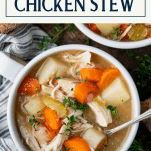 Close overhead image of a bowl of old fashioned chicken stew in crock pot recipe with text title box at top