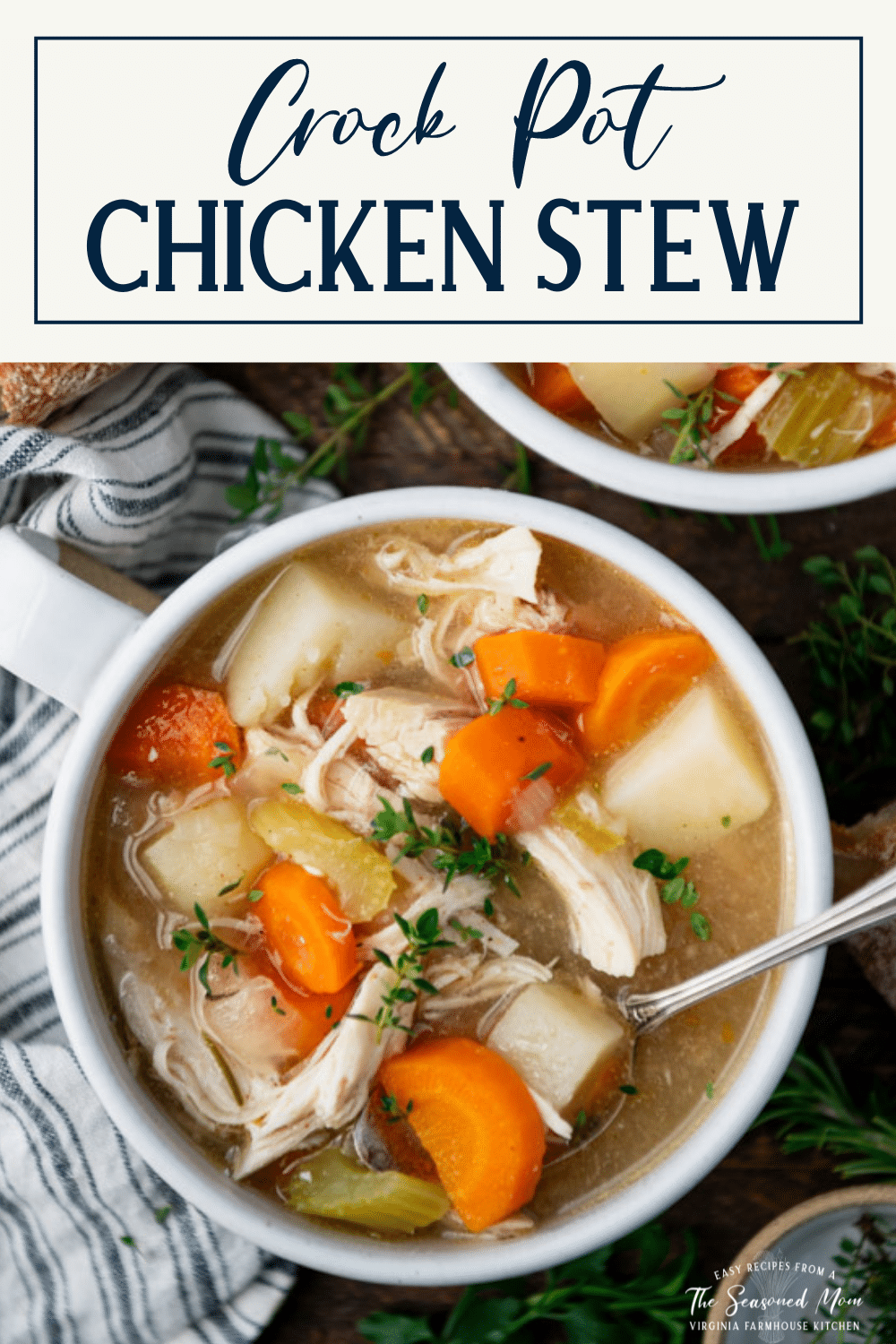 Close overhead image of a bowl of old fashioned chicken stew in crock pot recipe with text title box at top