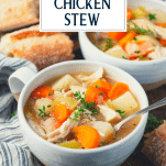 Side shot of a spoon in a bowl of slow cooker chicken stew with text title overlay