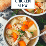 Close overhead image of a bowl of healthy chicken stew crock pot recipe with text title overlay