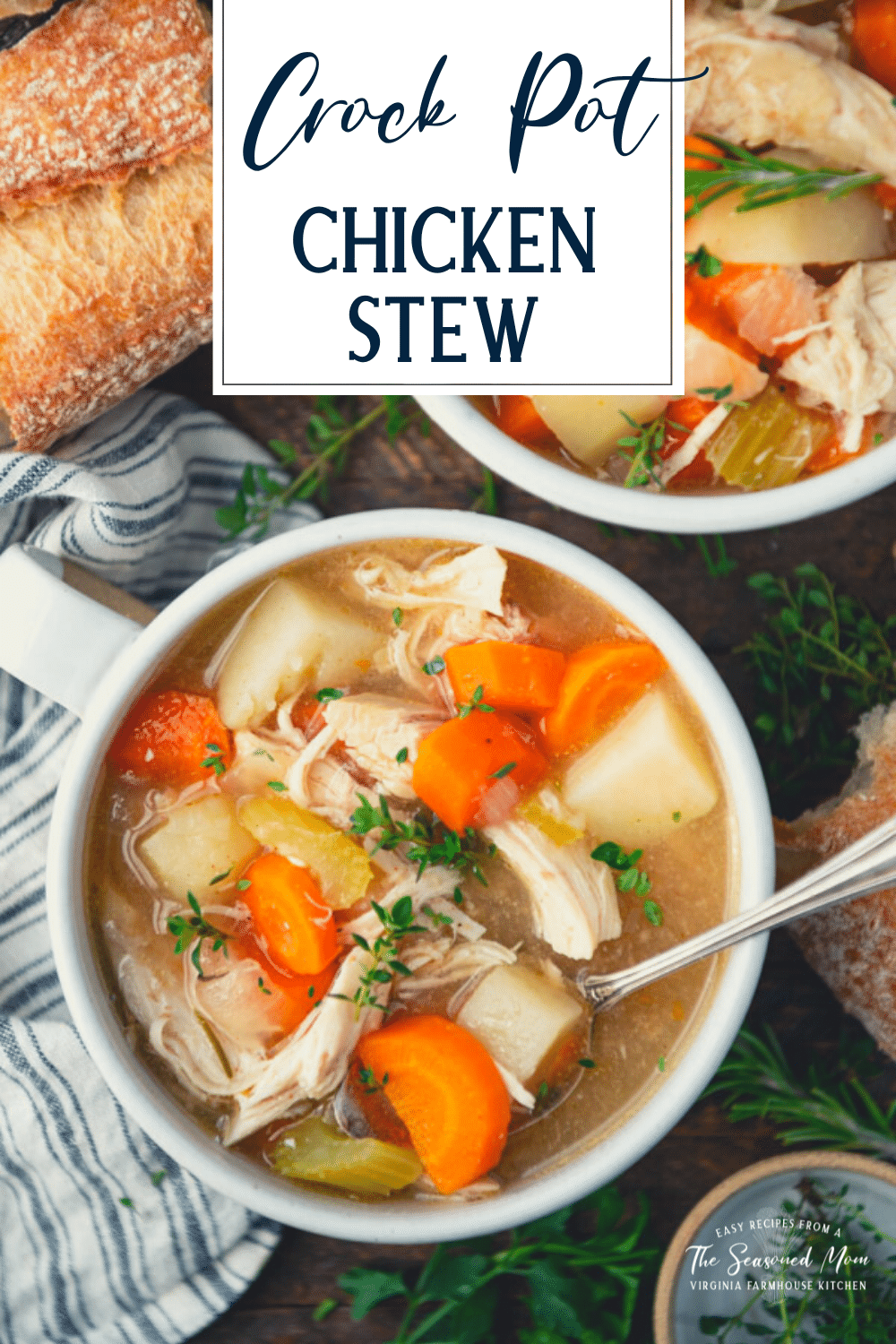 Close overhead image of a bowl of healthy chicken stew crock pot recipe with text title overlay