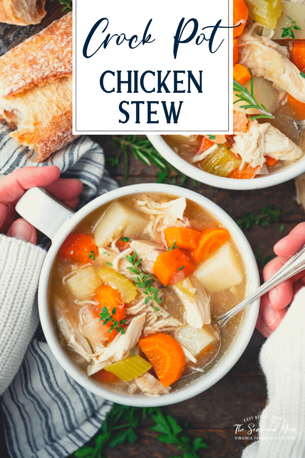 Hands holding a bowl of crock pot chicken stew with text title overlay