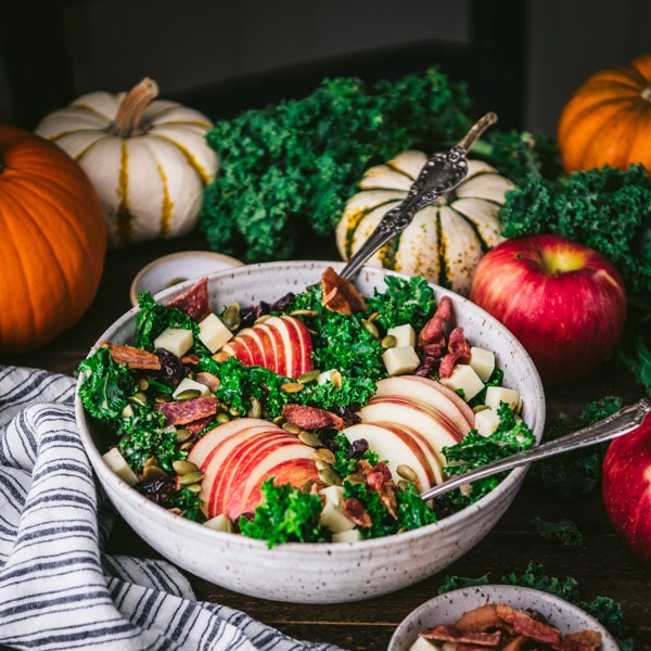 Square image of a bowl of fall salad surrounded by pumpkins and apples