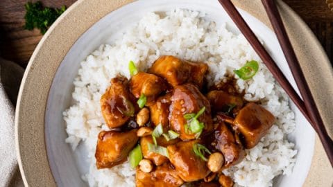 Orange chicken, chicken with mushrooms and rice from Asian Chao