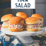 Ham salad sandwich on a white stand with text title overlay