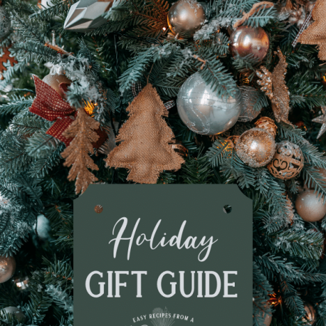 Christmas tree in the background with holiday gift guide text overlay