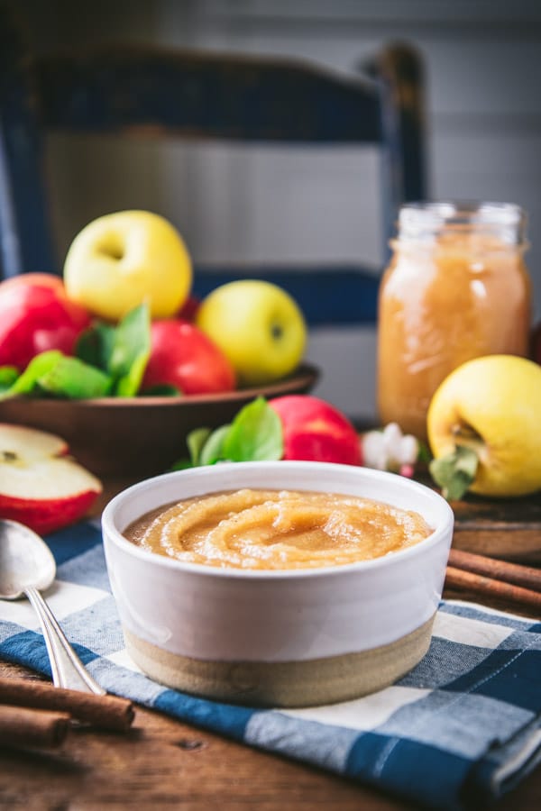 Side shot of a white bowl full of the best homemade applesauce recipe