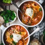 Overhead shot of two bowls of slow cooker lasagna soup