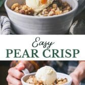 Long collage image of pear crisp recipe.