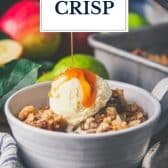 Pear crisp recipe with text title overlay.