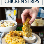 Dipping oven baked potato chip chicken strip in ranch dip with text title box at top