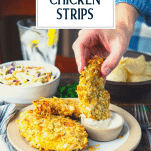 Dipping potato chip chicken strips with text title overlay
