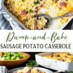 Long collage image of sausage casserole with hash brown potatoes and cheese