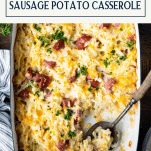 Overhead image of sausage and potato casserole with text title box at top