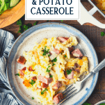 Overhead shot of a plate of sausage casserole with text title overlay