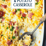 Close up shot of sausage and potato casserole with text title overlay